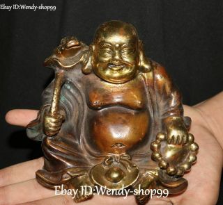 Old China Bronze Gilt Yuanbao Happy Laugh Maitreya Buddha Beads Lotus Statue