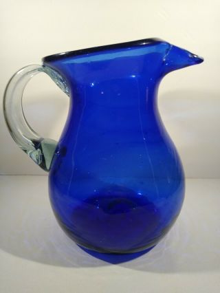 Vintage Large Hand Blown Glass Pitcher Cobalt Blue W/ Clear Handle 9 " Kitchen