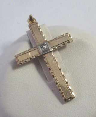 Antique Vintage 14k Yellow Gold Etched Rough Cut Diamond Cross Pendant