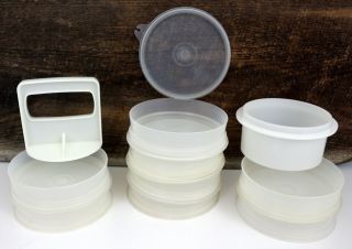 Vintage Tupperware Hamburger Patty Press & 8 Keepers With 1 Lid