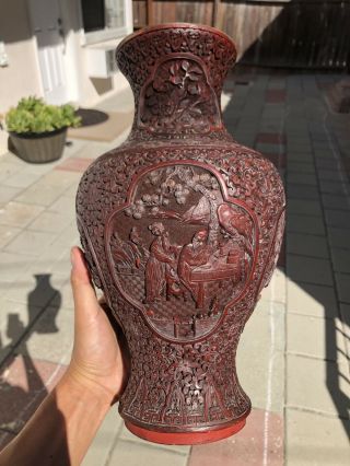 Antique 18/19th C Chinese Carved Cinnabar Lacquer Vase Robed Figures Landscapes