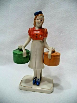 Vintage 3 Piece Art Deco Style,  Japan Ceramic Lady W/hat Boxes Salt & Pepper Set