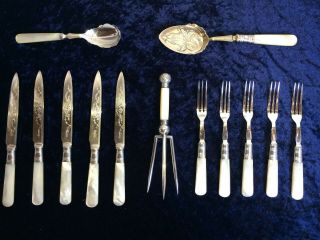 Antique Victorian Sterling Silver Mother Pearl Service Assorted.  Fruit And Meat.