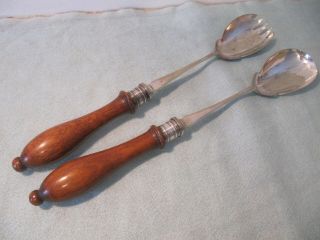 Pair Antique Vintage E.  P.  N.  S Silver Plated Wood Handled Spoon Salad Servers