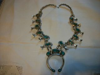 ANTIQUE SQUASH BLOSSOM NECKLACE - SILVER AND TURQUOISE - NATIVE AMERICAN - HANDMADE 2