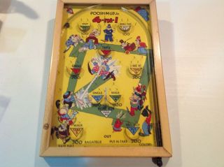 Vintage Poosh - M - Up Jr 4 - 1 Tabletop Pinball Baseball Arcade Game W/wood Frame