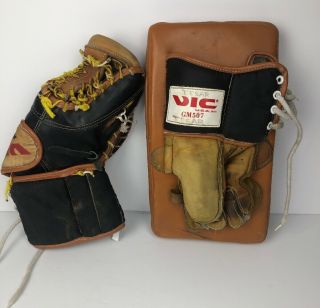 Vtg Hockey Goalie Glove Set Vic Gm 507 Jr.  Pro Goalie Glove