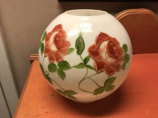 Antique Milk Glass Gwtw Oil Lamp Shade Globe Hand Painted Roses Fitter Vtg