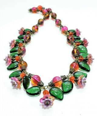 Vintage Pink Orange Green Flowers Leaf Lampwork Art Glass Bead Necklace Se19447