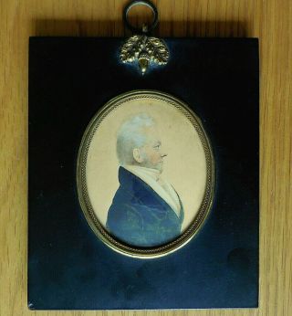 Antique Georgian Miniature Portrait Painting Of A Gentleman In Blue Coat C.  1825