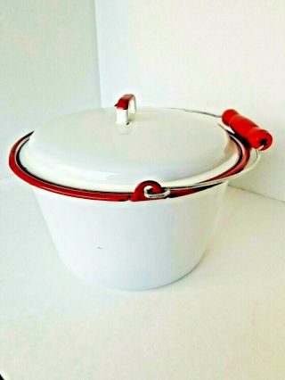 Vintage Red And White Enamelware Large Pot With Lid And Wire Wood Handle