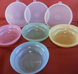 4 Vintage Tupperware Cereal Salad Bowls 155 3 Lids Blue Pink Yellow Green Usa