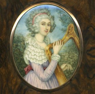 Antique French Portrait Miniature In Frame,  Woman With A Harp,  Outdoor View