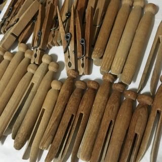 40,  Vintage Wooden Clothes Pins Round Head And Spring Clip Weathered Patina