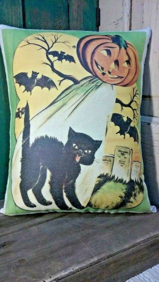 Adorable Primitive Vintage Halloween Cat Pumpkin Ghost Bats Grave Yard Pillow