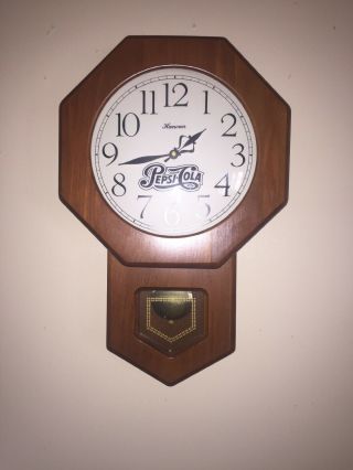 Vintage 10.  5 " X 18.  5 " Glass Wood Pepsi Cola Wood Clock Hanover Quartz Pendulum