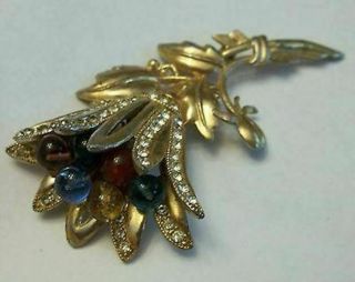 Vintage Rhinestone Flower Brooch Wired Large Glass Figural Jewelry 2