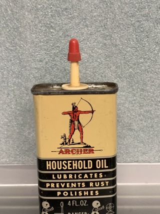 Old Vintage Archer 4 Oz Household Oil Can - Handy Oiler Tin W/ Great Graphics