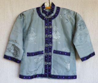 Antique Chinese Damask Grey Silk Winter Batting Filled Ribbon Trimmed Jacket