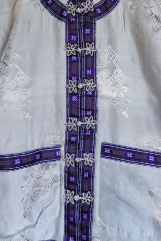 Antique Chinese Damask Grey Silk Winter Batting Filled Ribbon Trimmed Jacket 2