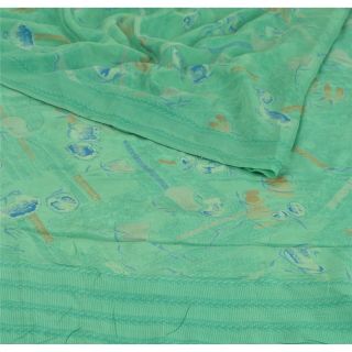 Sanskriti Vintage Green Saree 100 Pure Crepe Silk Printed Fabric 5Yd Craft Sari 2