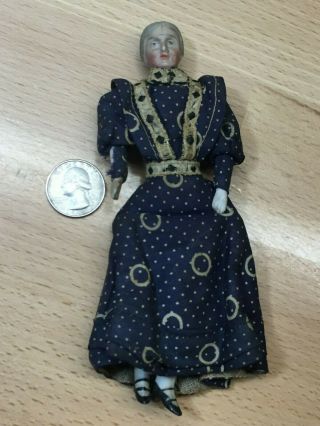 Antique German - Doll House - 6 " Tall Porcelain Woman Doll W/ Vintage Dress