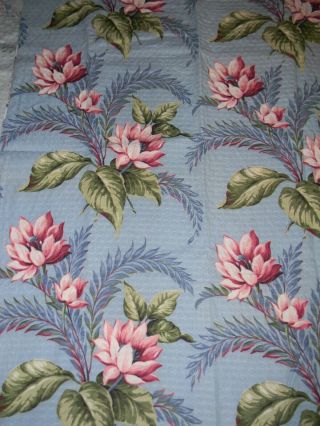 Vintage Barkcloth Fabric Tropical Foliage Flower Blue Pink Green