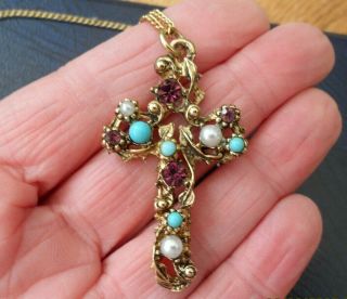 Vintage Jewellery Amethyst Turquoise Pearl Art Nouveau Cross Pendant Necklace