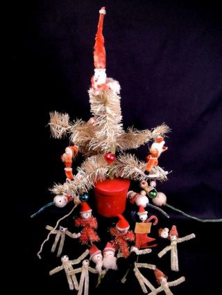 Vtg Xmas Bottle Brush Tree & Spun Cotton Snowmen Chenille Skiers Ornament Putz