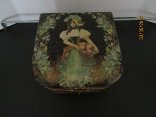 Antique Handkerchief Box With A Victorian Lady On Top Of The Lid (paper Mache)