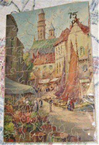 Vtg Pastime Parker Brothers Wood Wooden Jigsaw Puzzle Marketplace Complete 75pc