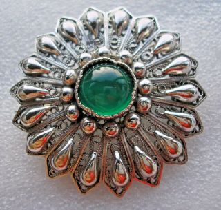 Large Vintage Silver Brooch With Green Aventurine Stone