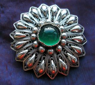 large vintage Silver brooch with green Aventurine stone 3