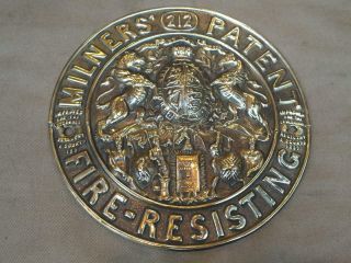 Vintage Brass Safe Name Plate Plaque Milners 212 Patent Fire Resisting