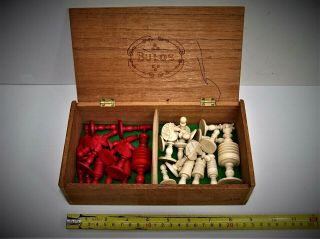 Rare antique bone ' Old English/ Plain Barleycorn ' Chess Set (K=91mm/3.  6 