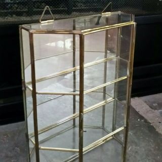 Vtg Brass Glass Curio Cabinet Display 2 Shelf Table Top Open Door Mirror Back