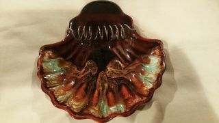 Vintage Ceramic Ashtray - Shell - Brown & Green Drip Glaze - Usa - Art Deco
