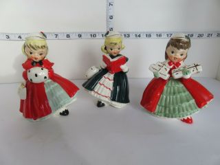 Vintage Napco 3 Christmas Girls 2 Figurines 1 Planter Red And Green