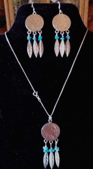 Vintage Buffalo Nickel And Sterling Silver Feather Earrings/pendant