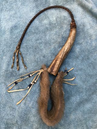 Antique Native American Indian Antler Horn Handle Braided Leather Quirt Whip