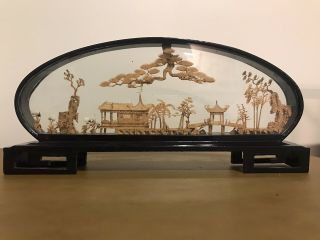 Vintage Chinese Cork Carved Diorama In Glass Black Laquered Wood Case Asian Art