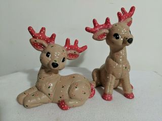 Set Of 2 Vintage Ceramic Hand Painted Kimple Mold Christmas Reindeer Euc