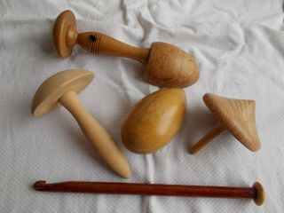 5 Vintage & Antique Wooden Sewing Tools Darning Mushroons Egg Hook Shoe Tree