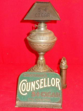 Antique Iron Ornate Cigar Store Counter Oil Lamp Lighter & Cutter W/advertising