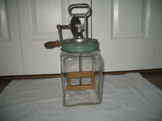 Rare Large Antique Hand Crank Glass Butter Churn,  Flat Paddle,  Marked 4l
