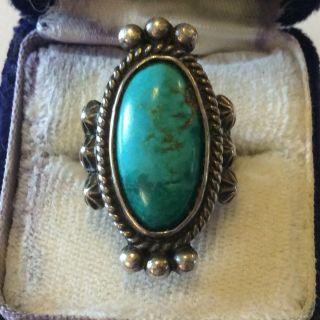 Vintage Large Sterling Silver Navajo Turquoise Ring Size 5 9.  5 G Heavy 6 Carats