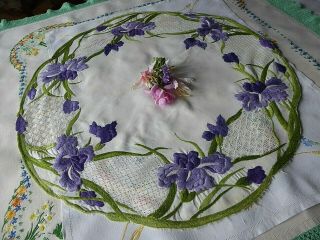 Vintage Hand Embroidered Small Tablecloth - Lge.  Table Topper - Exquisite Irises
