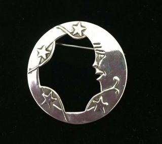 Vintage Jewellery Adorable Sterling Silver Stars And Man In The Moon Brooch