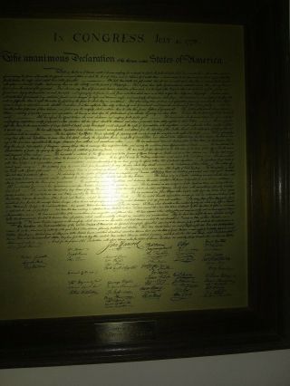 Vintage Usa Declaration Of Independence Engraved Copper - Wood Frame - Office