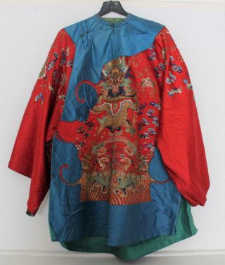 C1910 Chinese Silk Embroidered Robe Kimono W/ Metallic Thread Dragon Motif